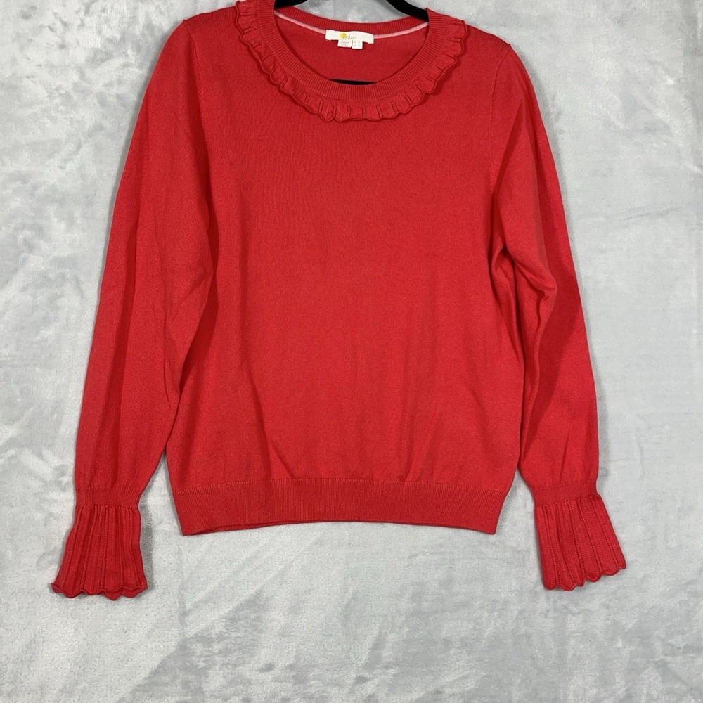 Boden Womens Red Ruffle Trim Crew Neck Knit Sweater Wool Blend 10 Valentines